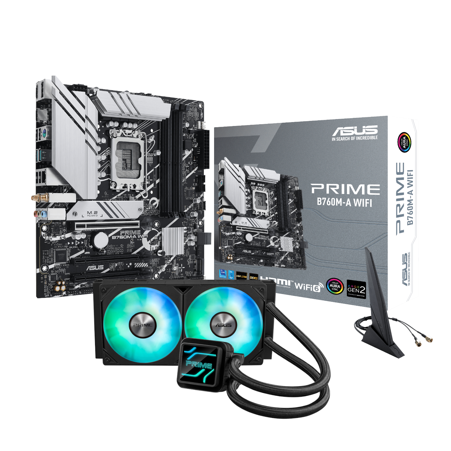 ASUS_CC_BUN_7_Asus-PRIME-B760M-A-WIFI-LGA1700-and-Asus-Prime-LC-240-ARGB-Liquid-CPU-Cooler-Bundle_wr_01jpg - Computech-Solutions ASUS PRIME B760M-A WiFi motherboard with liquid cooling kit and fans shown beside the box image.