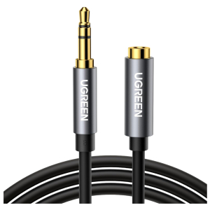 AV118-10595_UGREEN-AV118-35mm-AUX-Extension-Cable-3m--Male-to-Female-3jpg - Computech-Solutions Two gold-plated 3.5mm audio plugs with gray metal housings labeled UGREEN, connected by a black cable.