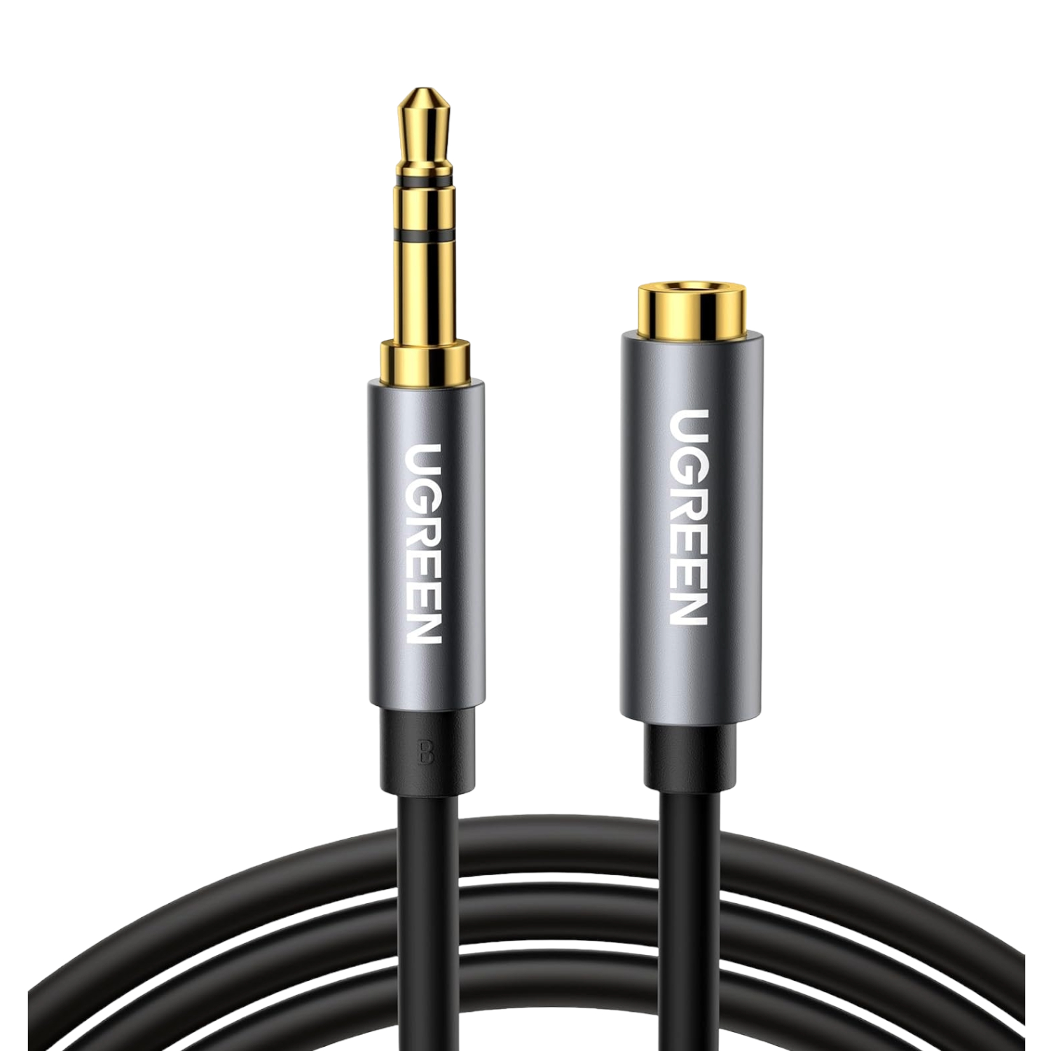 AV118-10595_UGREEN-AV118-35mm-AUX-Extension-Cable-3m--Male-to-Female-3jpg - Computech-Solutions Two gold-plated 3.5mm audio plugs with gray metal housings labeled UGREEN, connected by a black cable.