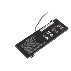 Black rectangular laptop battery with a multi-wire connector extending from one end, showing safety and label stickers on its surface (informational image). annotations indicate a rechargeable power pack for a laptop.