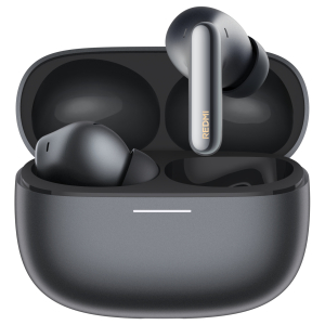 BHR08GOGL-_-Redmi-Buds-8-Pro-Obsidian-Black_01jpeg - Computech-Solutions Wireless earbuds (Dark gray) in an open charging case, one earbud resting inside and the other hovering above the case; Redmi branding on the stem.