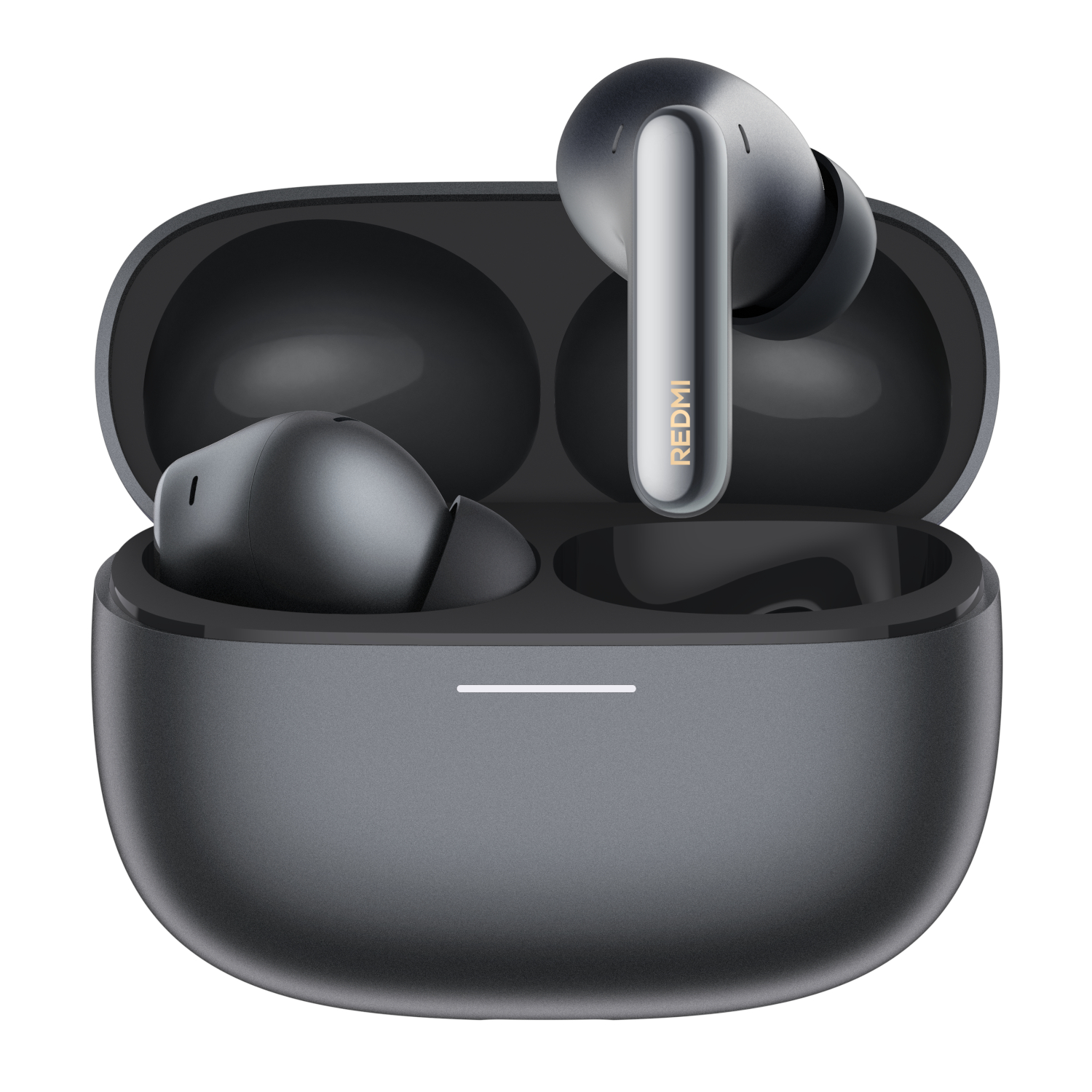 BHR08GOGL-_-Redmi-Buds-8-Pro-Obsidian-Black_01jpeg - Computech-Solutions Wireless earbuds (Dark gray) in an open charging case, one earbud resting inside and the other hovering above the case; Redmi branding on the stem.