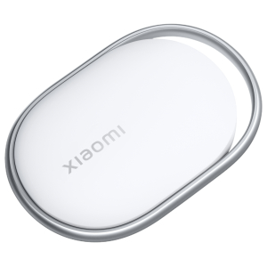 Close-up of a white oval Xiaomi device with a silver rim and the Xiaomi logo visible on its surface.