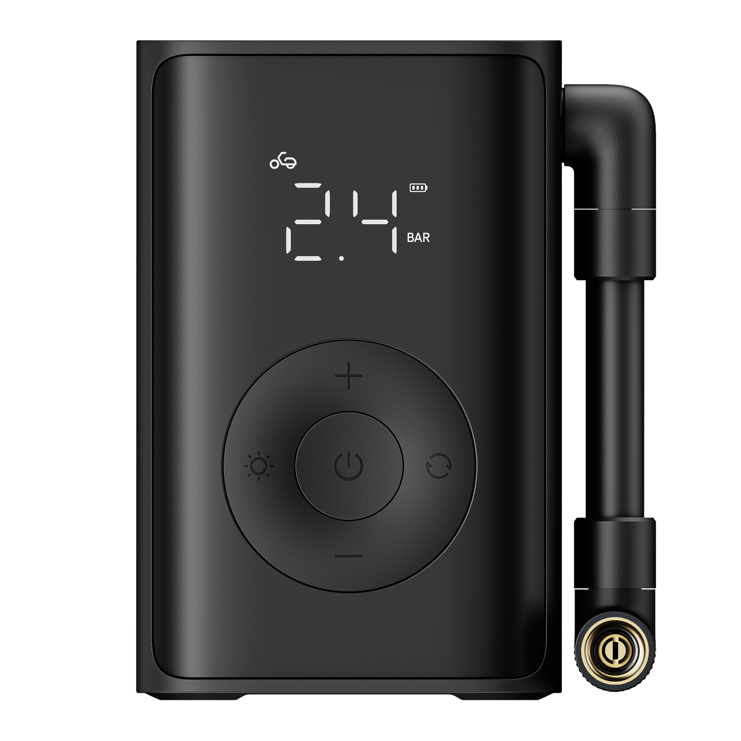 BHR08TYGL-Xiaomi-Mijia-Compact-Portable-Electric-Air-Compressor_wrfrontjpg - Computech-Solutions Close-up of a black portable air pump with a digital display reading 2.4 BAR, bike icon, and a circular control pad; hose connector on the right.