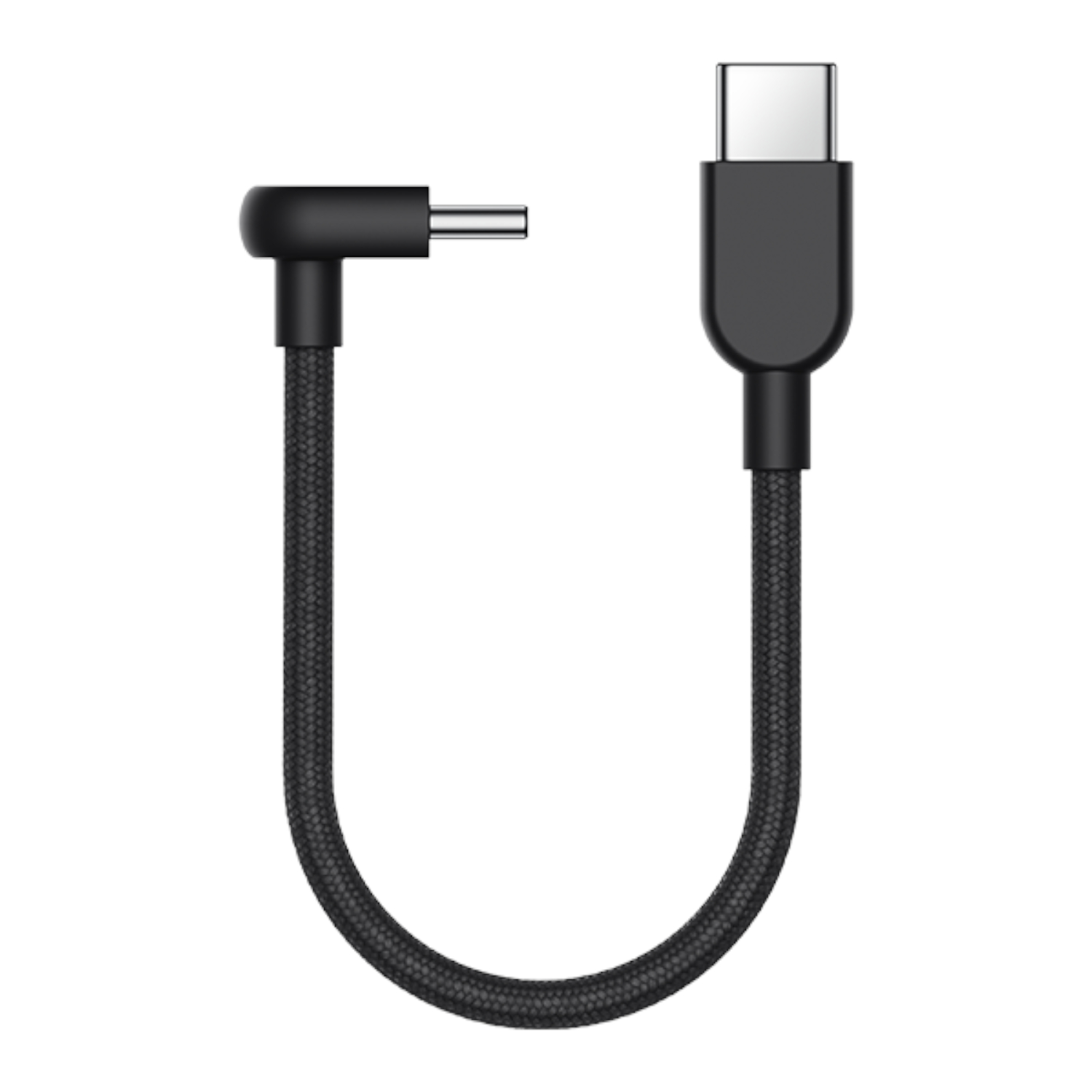 BHR08W0GL-_Xiaomi-3A-Braided-USB-Type-C-Cable-10cm-60W_wr01jpeg - Computech-Solutions Braided black USB-C to USB-C charging cable with a right-angle connector on the left and a straight USB-C plug on the right.