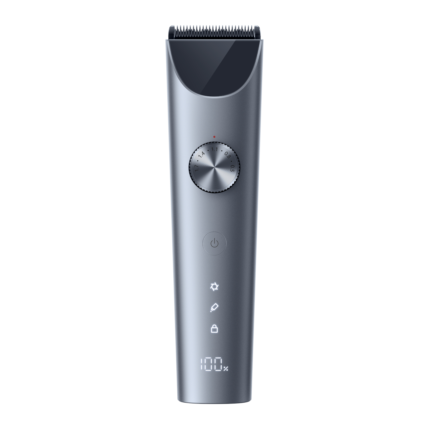 BHR8999GL_Xiaomi-Hair-Clipper-2_wr_02jpeg - Computech-Solutions Close-up of a cordless electric hair trimmer with a circular adjustment dial, blade at the top, and a 100% battery/readout on the handle.