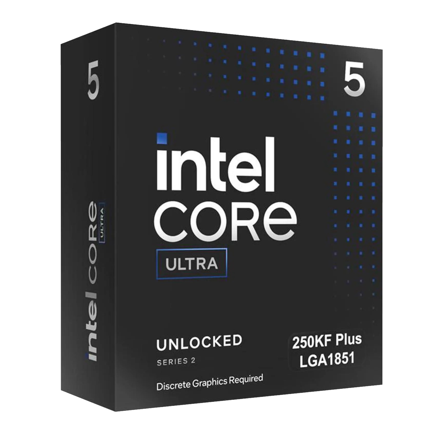 BX80768250KF_Intel-Ultra-5-250KF-PLUS-42GHz-LGA1851-18-core-CPU_wr_01ajpg - Computech-Solutions Packaging box for Intel Core Ultra processor, showing 'UNLOCKED' and '250KF Plus LGA1851' labels on a dark box with blue dot accents.