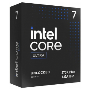 Black Intel Core Ultra processor box with white logo, blue dotted accents, and '270K Plus LGA1851' detail on the front edge.
