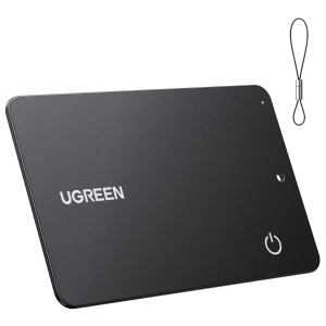 Black rectangular device with rounded corners, showing a small power icon and a attached wrist strap at the top-right; UGREEN logo visible.
