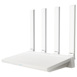 DVB4423GL_-Xiaomi-AX3000T-Wi-Fi-6-Dual-Band-Gigabit-Mesh-Router_wr_01jpeg - Computech-Solutions White Wi‑Fi router with four tall external antennas on a perforated base.