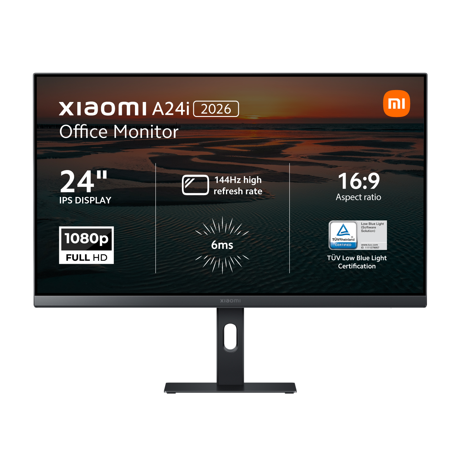 ELA6416EU_Xiaomi-A24i-2026-24-inch-144Hz-Full-HD-1080P-IPS-Office-Monitor_wr_01ajpg - Computech-Solutions Xiaomi A24i 24-inch office monitor with 1080p full HD and 16:9 aspect ratio against a sunset background, TÜV Low Blue Light certification, 144 Hz refresh