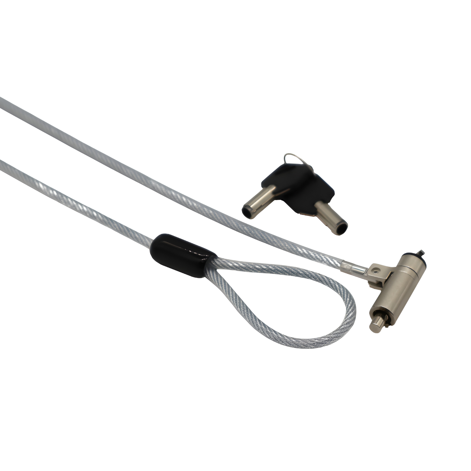 GCWKLMK_GIZZU-18m-Wedge-Cable-Lock-Silver_wr_01ajpg - Computech-Solutions Silver braided cable lock with two keys on a white background
