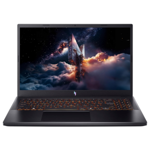 Gaming laptop with orange-backlit keyboard displaying a space-themed wallpaper featuring a spaceship among stars and clouds on the screen