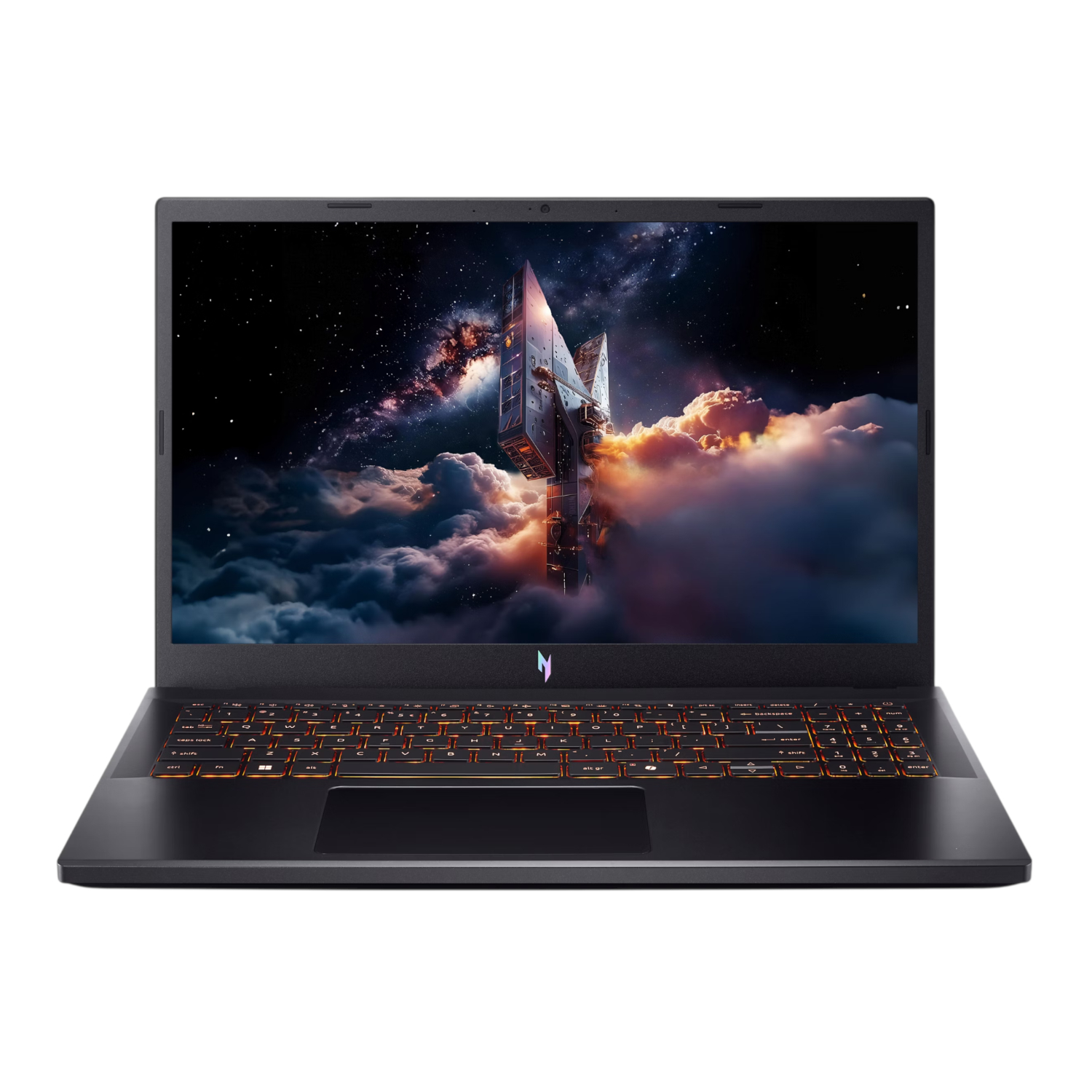 NHQUAEA_00C_Acer-NITRO-V-15-Gaming-Laptop-156-inch-Intel-Core-5-210H-16GB-512GB-RTX-4050-6GB-Windows-11-Home_wr_01ajpg - Computech-Solutions Gaming laptop with orange-backlit keyboard displaying a space-themed wallpaper featuring a spaceship among stars and clouds on the screen