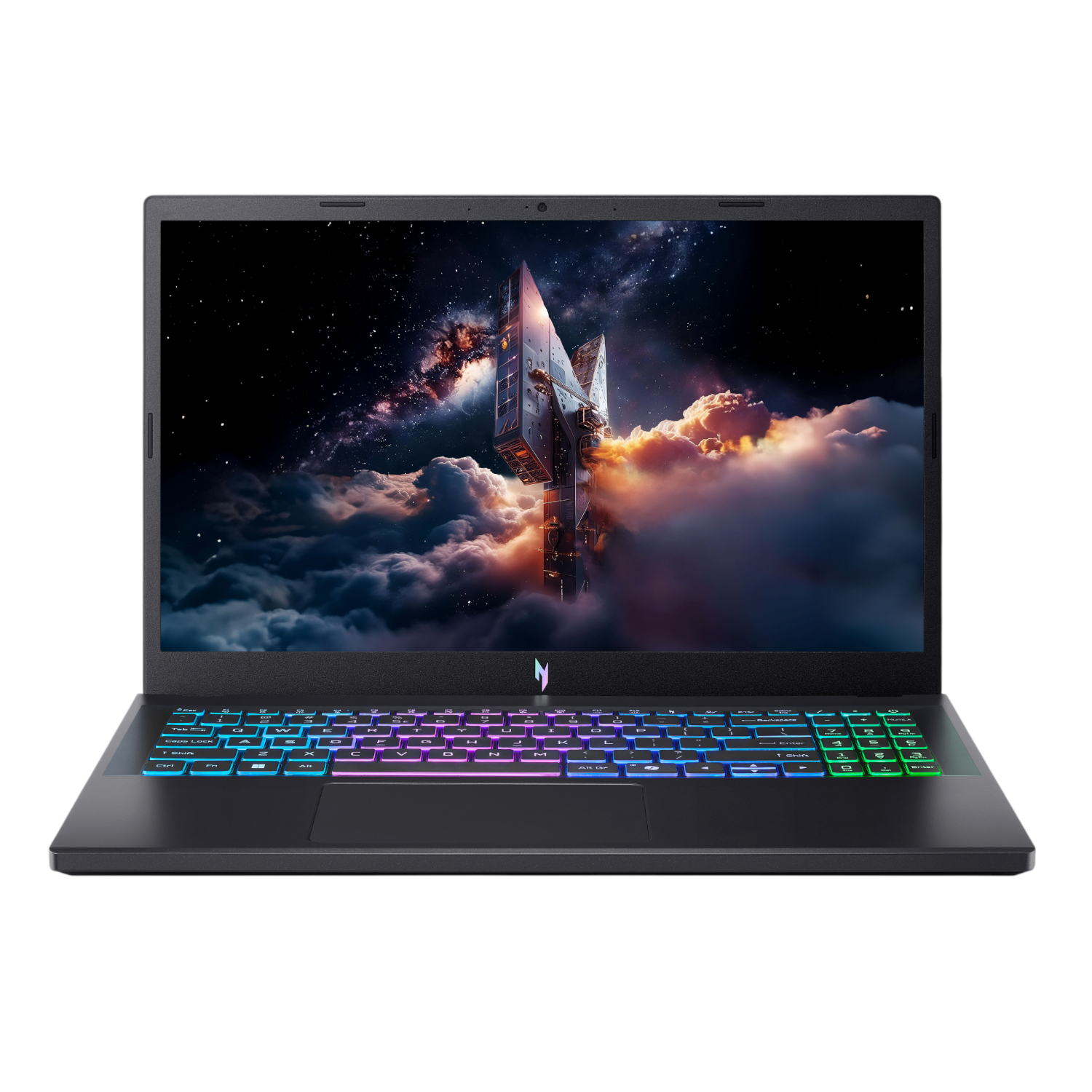 NHU3PEA001_Acer-NITRO-V-15-Gaming-Laptop-156-inch-AMD-Ryzen-7-16GB-512GB-RTX-5060-8GB-Windows-11-Home_wr_01ajpg - Computech-Solutions Gaming laptop with a space-themed wallpaper, dark body and rainbow RGB keyboard.
