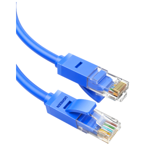 Blue Ethernet network cable with RJ-45 connectors and gold contacts on a white background