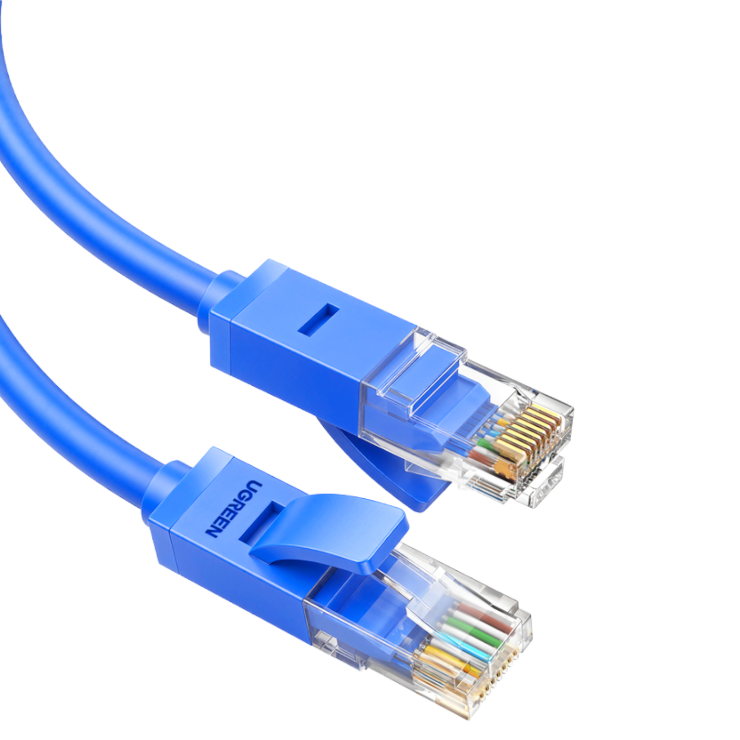 NW102-15996_-UGREEN-Cat6-RJ45-Gigabit-Ethernet-Cable-Blujpeg - Computech-Solutions Blue Ethernet network cable with RJ-45 connectors and gold contacts on a white background