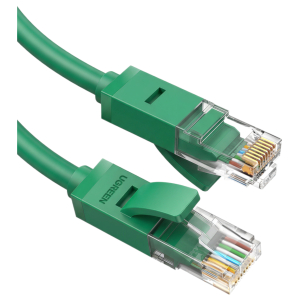 Two green Ethernet cables with translucent RJ-45 connectors and gold-plated pins