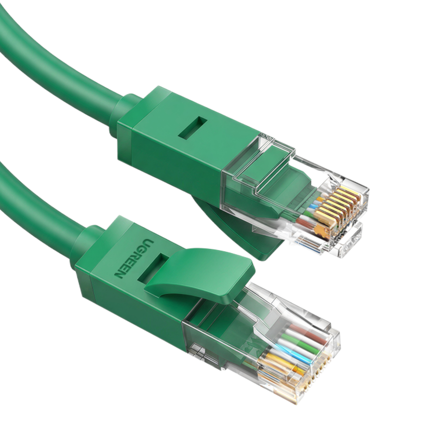NW102-80834_-UGREEN-Cat6-RJ45-Gigabit-Ethernet-Cable-Grn_01jpeg - Computech-Solutions Green Ethernet networking cable with transparent RJ45 connectors showing gold pins (close-up).