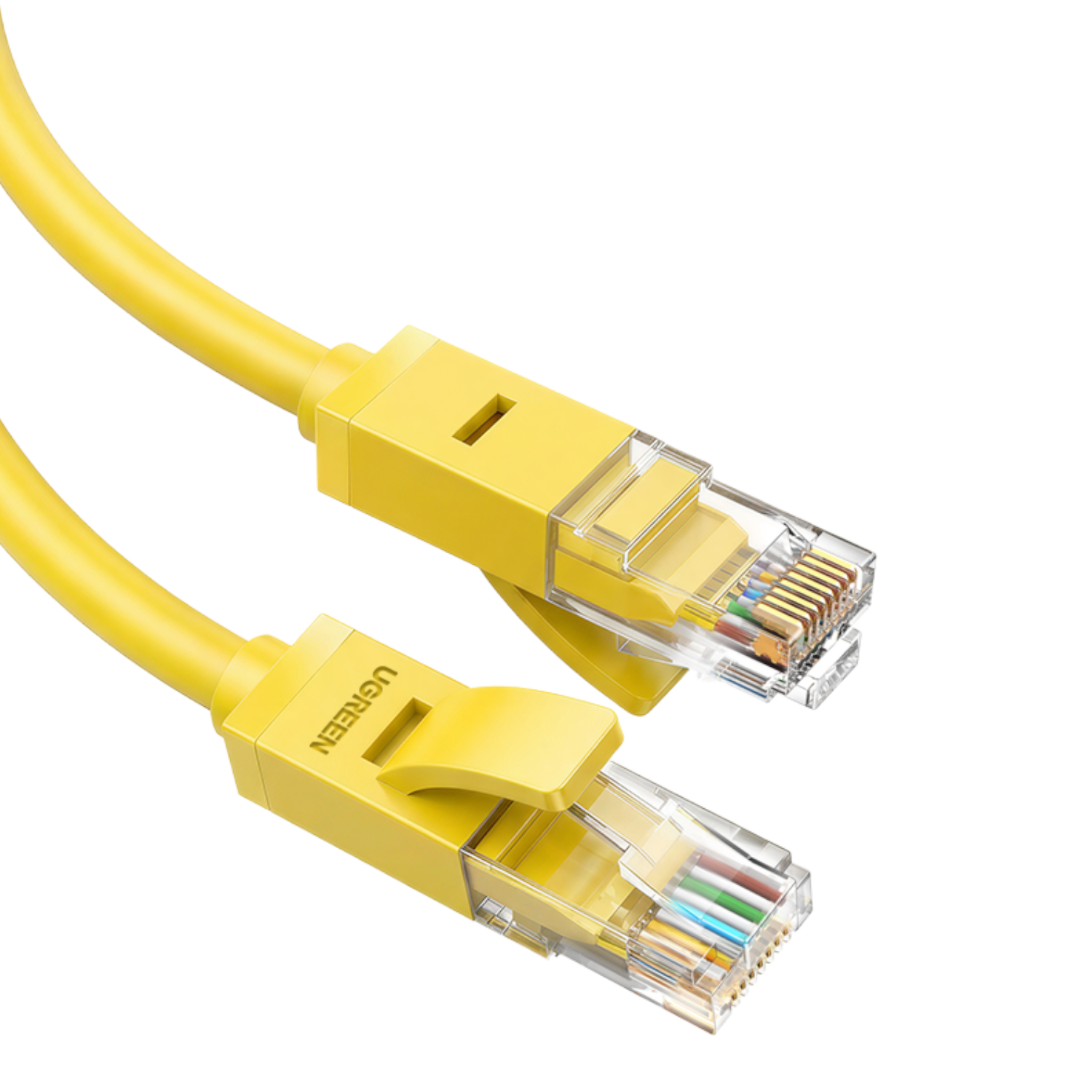 NW102-95804_-UGREEN-Cat6-RJ45-Gigabit-Ethernet-Cable-Ylw_01jpeg - Computech-Solutions Yellow Ethernet cable with clear RJ-45 connectors shown close-up on white background