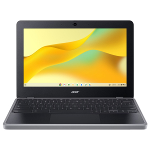 Open Acer laptop showing a black bezel, visible keyboard and touchpad with a bright yellow abstract wallpaper on screen.