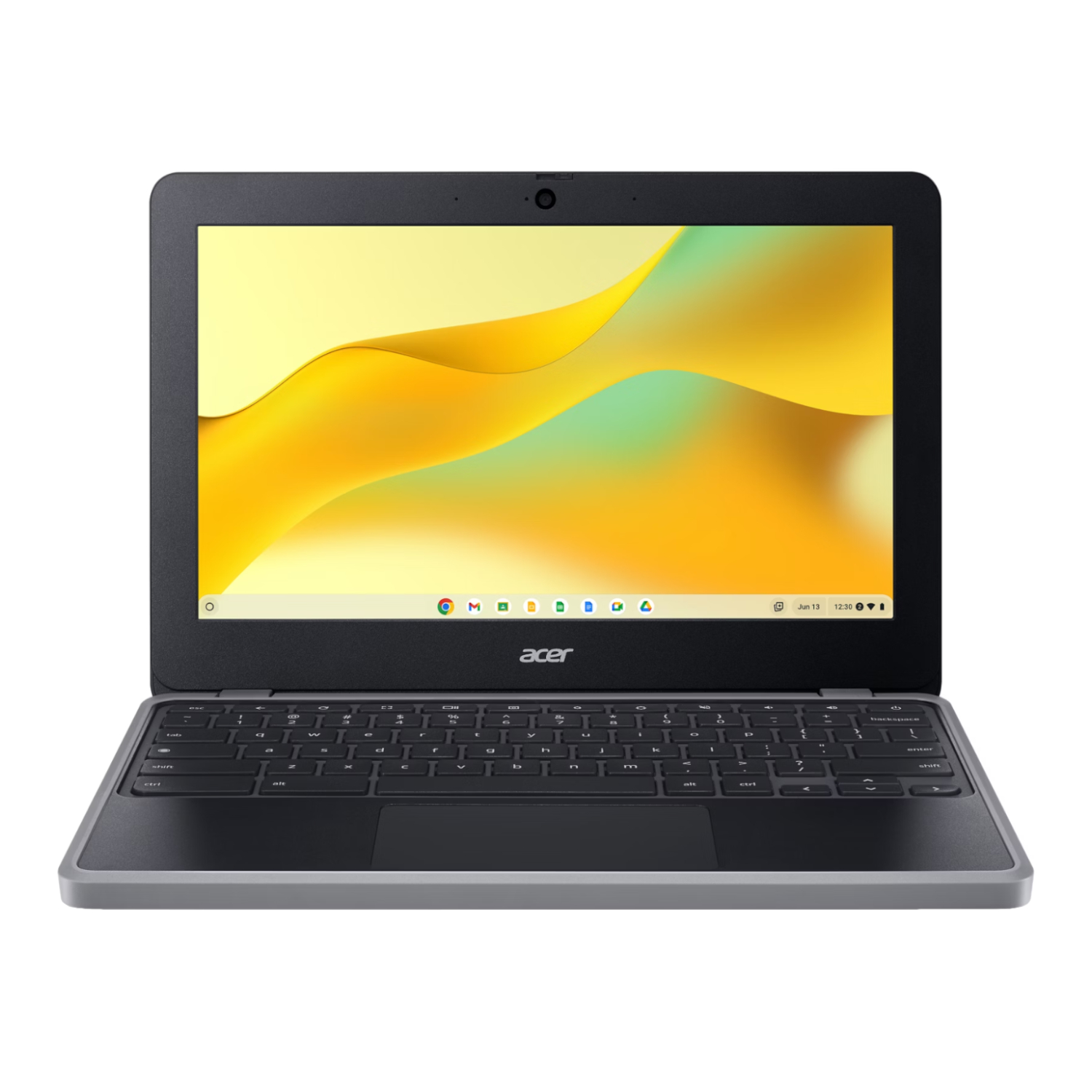 NXKKAEA_001_Acer-Chromebook-311-C723-116-inch-MediaTek-Kompanio-528-4GB-32GB-Google-Chrome-Operating-System_wr_01ajpg - Computech-Solutions Open Acer laptop showing a black bezel, visible keyboard and touchpad with a bright yellow abstract wallpaper on screen.