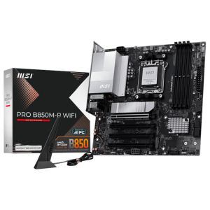 PROB850M-PWIFI_MSI-PRO-B850M-P-WIFI-AM5-mATX-Motherboard-Black_wr_01ajpg - Computech-Solutions MSI Pro B850M-P WIFI motherboard with its packaging box next to it.