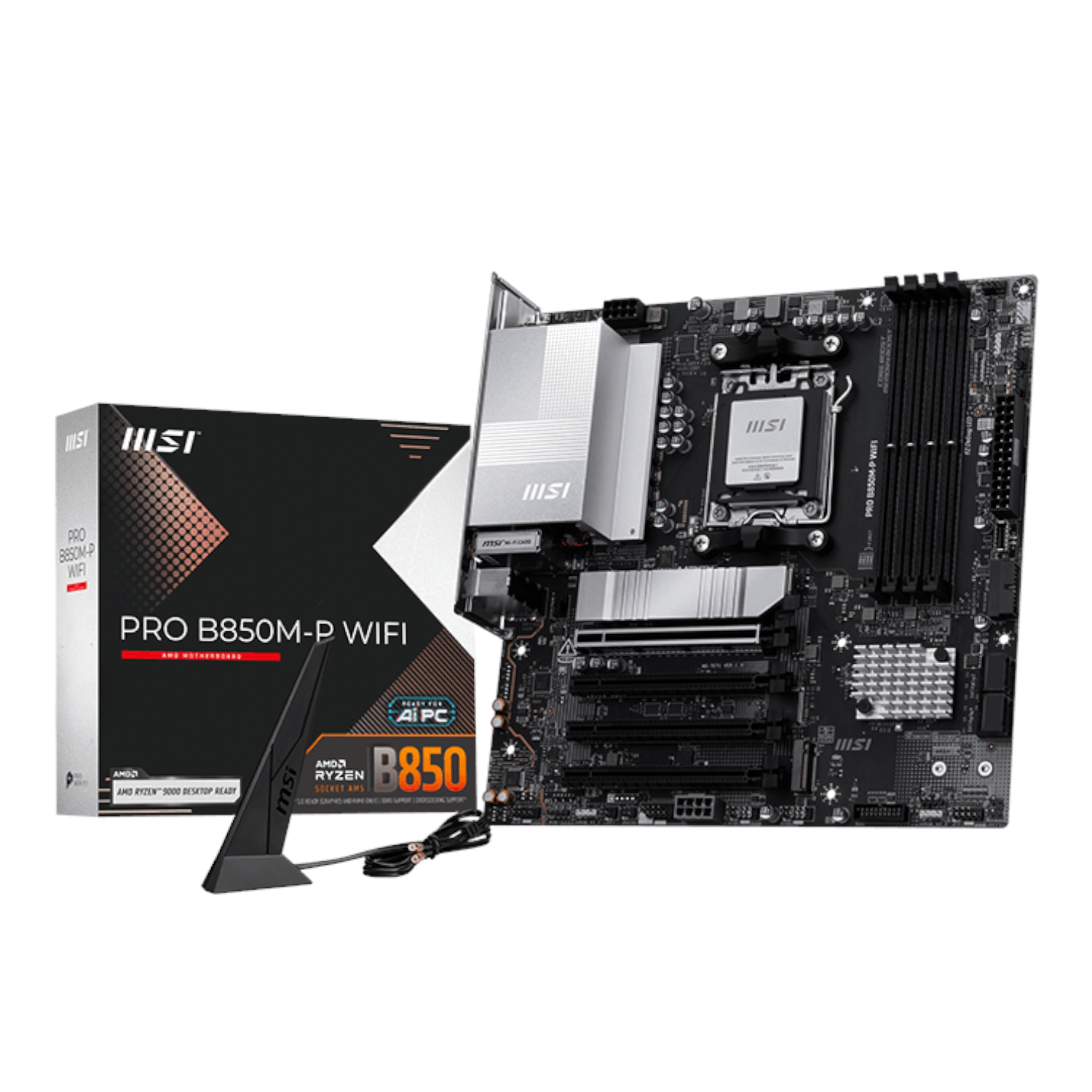 PROB850M-PWIFI_MSI-PRO-B850M-P-WIFI-AM5-mATX-Motherboard-Black_wr_01ajpg - Computech-Solutions MSI Pro B850M-P WIFI motherboard with its packaging box next to it.