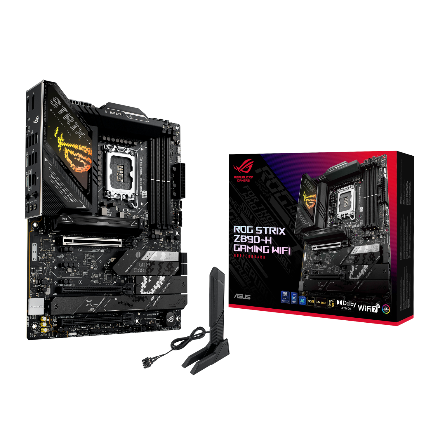ROGSTRIXZ890-HGAMINGWIFI_Asus-ROG-Strix-Z890-H-GAMING-WIFI-Intel-LGA1851-ATX-Motherboard_wr_01jpg - Computech-Solutions Motherboard and boxed product: ASUS ROG STRIX Z890-H Gaming WiFi motherboard with antenna accessory shown beside the colorful box.