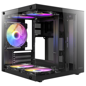 VCX10M-ARGB_Antec-VCX10M-ARGB-M-ATX-Mini-Tower-Gaming-Chassis--Black_wr_01ajpg - Computech-Solutions Mid-tower PC case with tempered glass side panel and RGB fans visible inside.