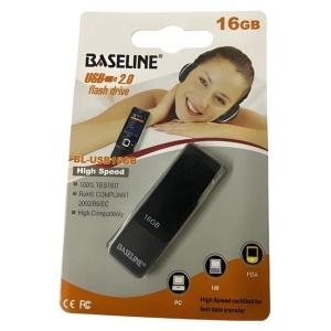 BL-USB16GB - Computech-Solutions Baseline 16GB USB 2.0 flash drive in package, with woman wearing headphones in the background; front includes '16GB' and product image.