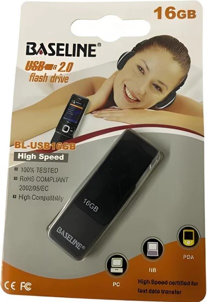 BL-USB16GB - Computech-Solutions Baseline 16GB USB 2.0 flash drive in package, with woman wearing headphones in the background; front includes '16GB' and product image.