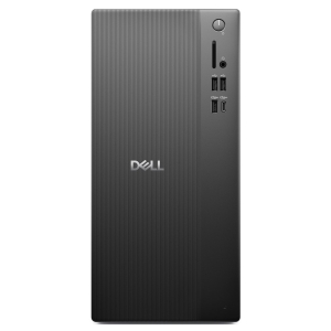 Dell desktop tower back panel with multiple USB ports, audio jack, and a large power button at the top-right on a textured gray surface.