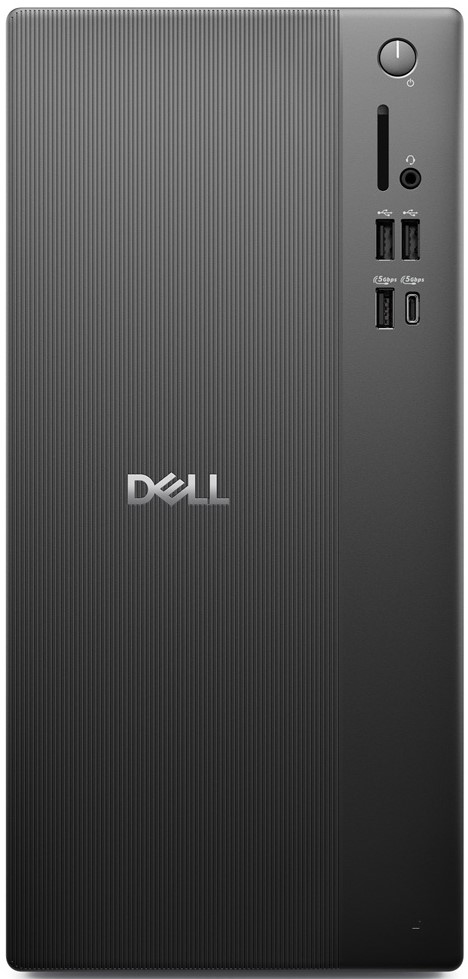 BTO101-QVT1260-EMEA - Computech-Solutions Dell desktop tower back panel with multiple USB ports, audio jack, and a large power button at the top-right on a textured gray surface.