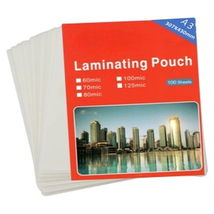 Red packaging for laminating pouches; says 'Laminating Pouch', lists micron options and 100 sheets, with a city skyline photo