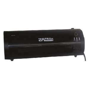 Black ZATECH laminator/printer-style machine with a large central roller and a control panel with LEDs on the right; sits on small feet.