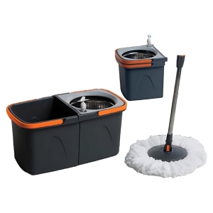 DMC320 - Computech-Solutions Spin mop bucket system: dual-compartment gray bucket with orange trim and built-in wringer, plus a separate wringer bucket and a round microfiber mop head.