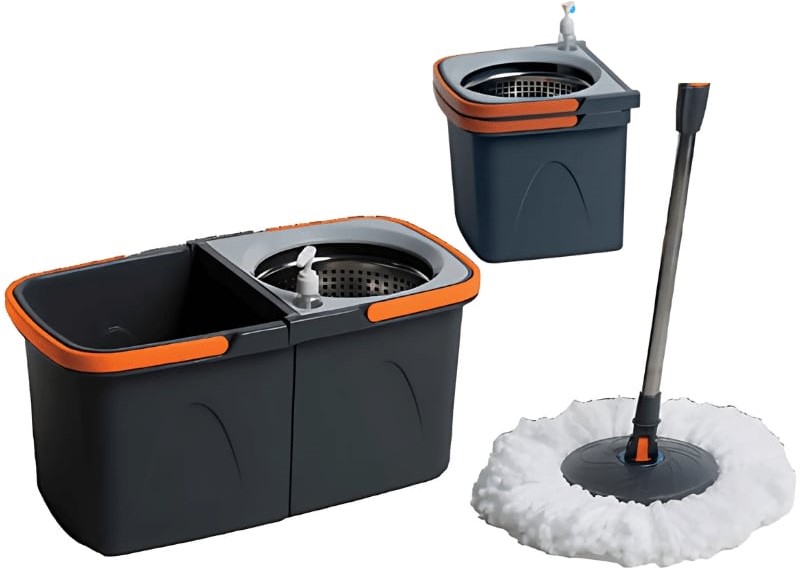 DMC320 - Computech-Solutions Spin mop bucket system: dual-compartment gray bucket with orange trim and built-in wringer, plus a separate wringer bucket and a round microfiber mop head.