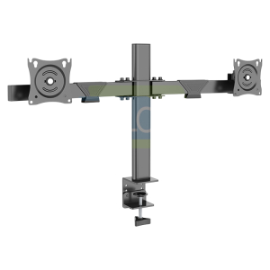 Desk-mounted dual monitor arm with two VESA plates at each end and a central vertical support attached to a desk clamp.
