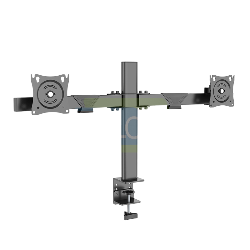 DZ220-J - Computech-Solutions Desk-mounted dual monitor arm with two VESA plates at each end and a central vertical support attached to a desk clamp.