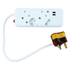 White power strip with multiple outlets and a red safety switch, connected to a white cord with a two-pin plug adapter nearby.