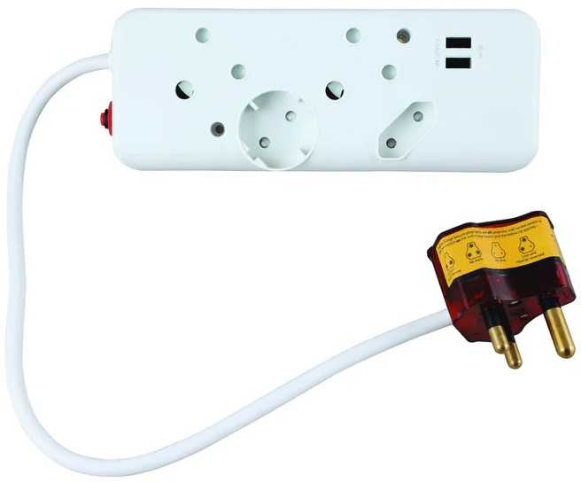 FBWP4U - Computech-Solutions White power strip with multiple outlets and a red safety switch, connected to a white cord with a two-pin plug adapter nearby.