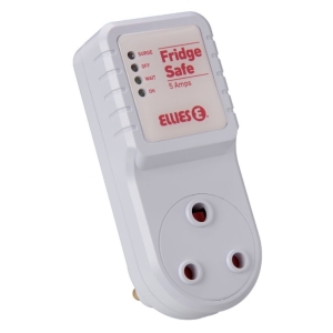 FEAFG16 - Computech-Solutions White Fridge Safe 5-amp safety adapter with a triple-outlet socket and LED indicators labeled Surge, Off, Wait, On (brand Ellies).