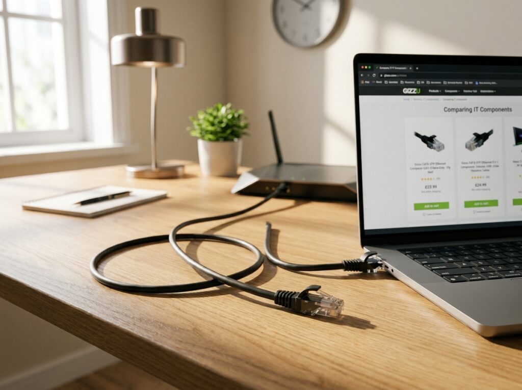Laptop on a wooden desk showing a product page; a coiled Ethernet cable in the foreground.