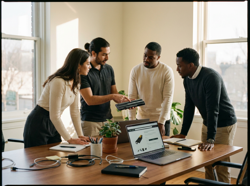 Four coworkers stand around a wooden table in a bright office, one showing a device to the others while laptops and cables are on the table.