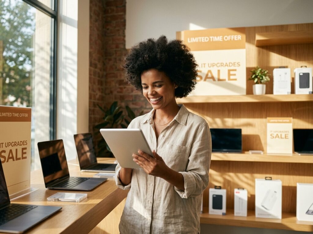 Smiling woman in a beige shirt holds a tablet in a tech store with sale signs and laptops on display.