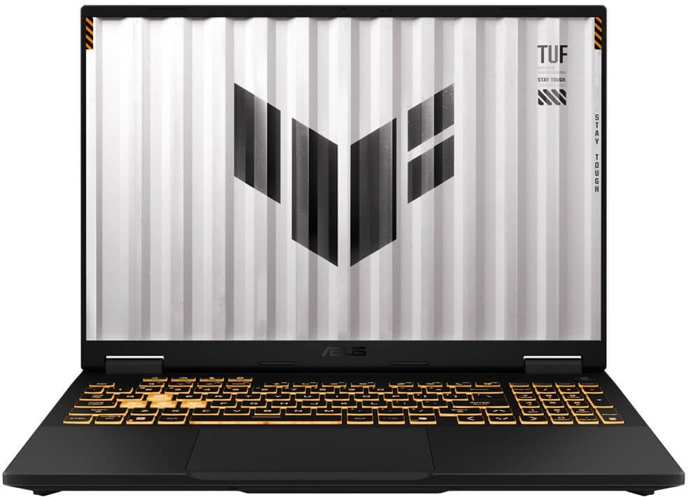 FX608JMR-I71610G0W - Computech-Solutions ASUS TUF gaming laptop with orange backlit keyboard and a geometric logo on the screen.