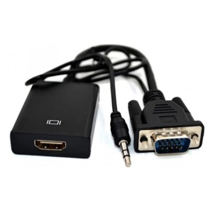 GAPHVA - Computech-Solutions Black HDMI-to-VGA adapter with 3.5mm audio cable, showing HDMI female port on the box and a VGA male connector.