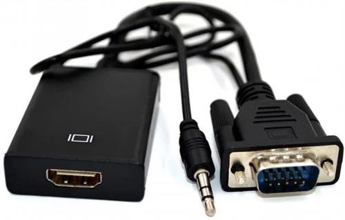 GAPHVA - Computech-Solutions Black HDMI-to-VGA adapter with 3.5mm audio cable, showing HDMI female port on the box and a VGA male connector.
