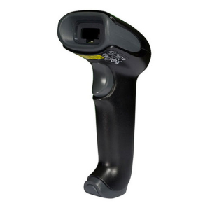 Handheld barcode scanner with a trigger, viewed from the side against a white background.